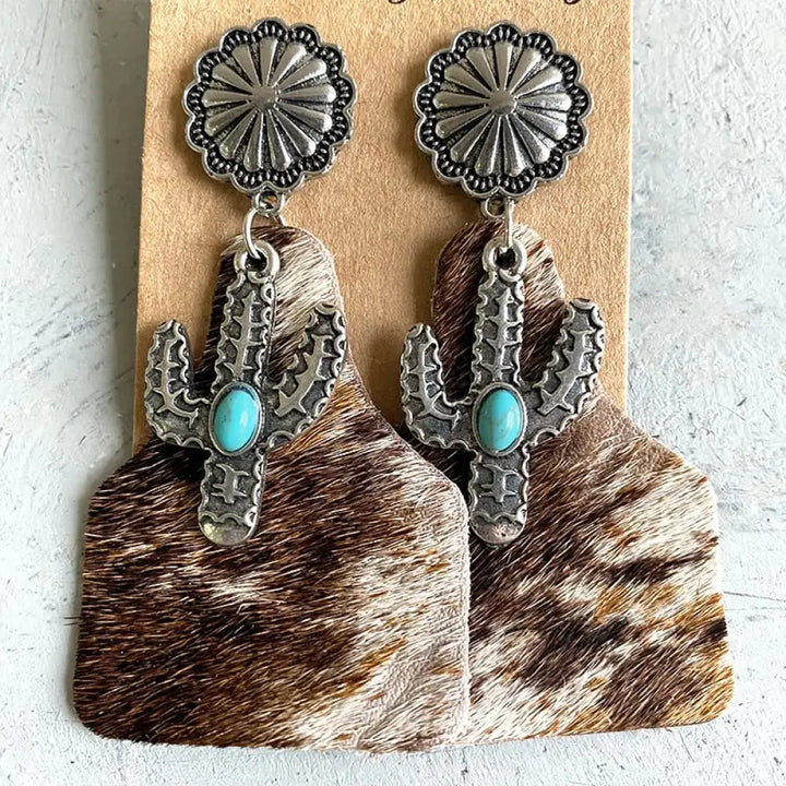 LOVCIA Turquoise Decor Cactus Alloy Earrings