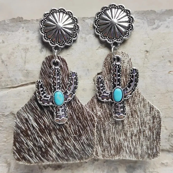 LOVCIA Turquoise Decor Cactus Alloy Earrings