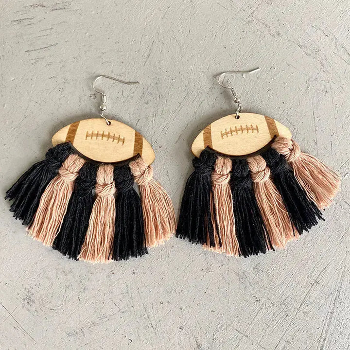 LOVCIA Fringe Detail Football Shape Wooden Dangle Earrings