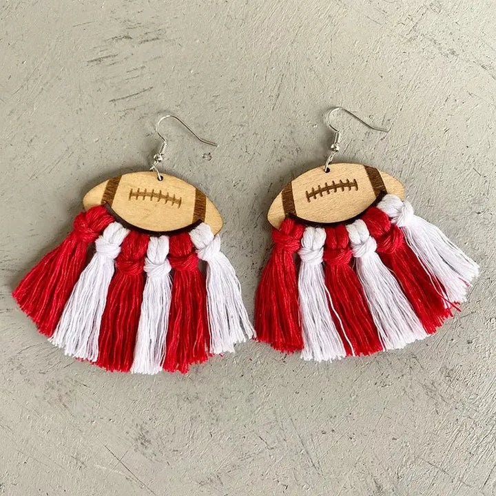 LOVCIA Fringe Detail Football Shape Wooden Dangle Earrings