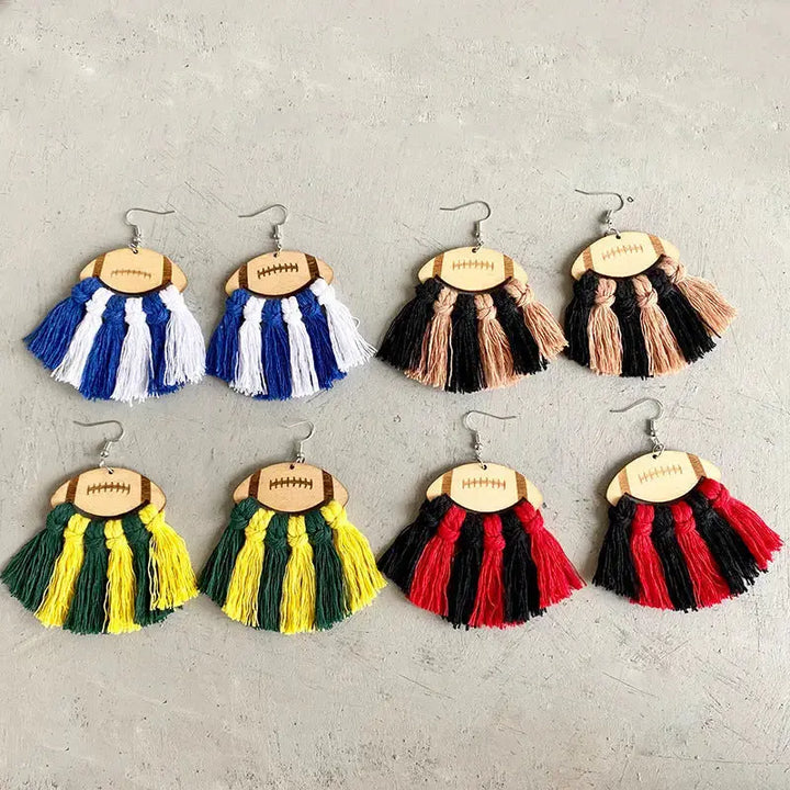 LOVCIA Fringe Detail Football Shape Wooden Dangle Earrings