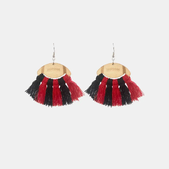 LOVCIA Fringe Detail Football Shape Wooden Dangle Earrings