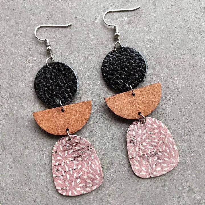 LOVCIA Leather & Wood Drop Earrings