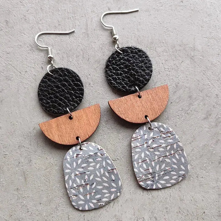 LOVCIA Leather & Wood Drop Earrings