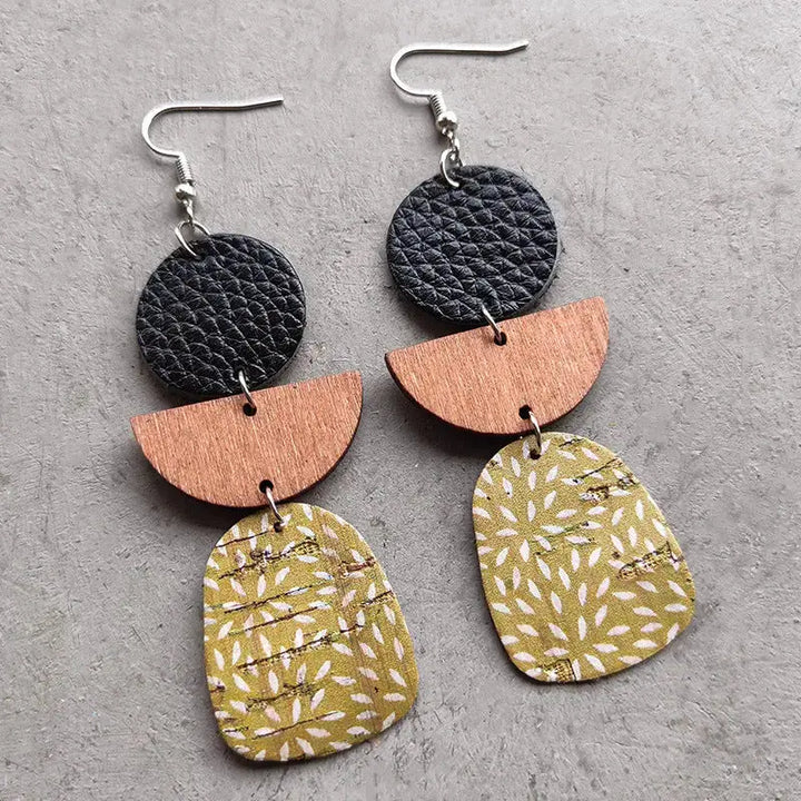 LOVCIA Leather & Wood Drop Earrings