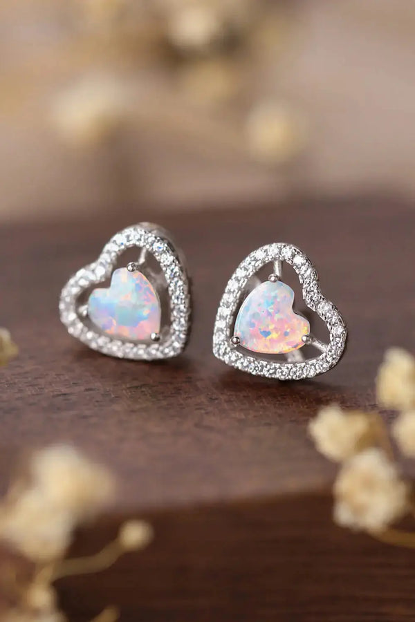 LOVCIA 925 Sterling Silver Opal Heart Stud Earrings