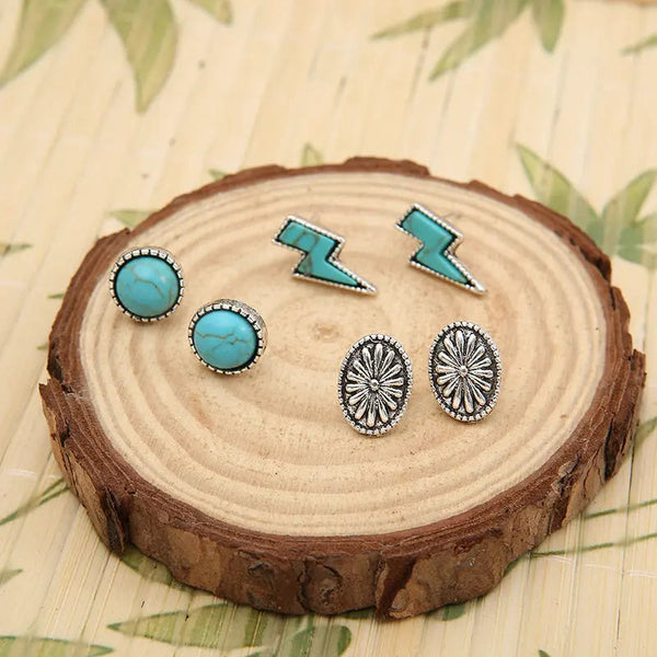 3 Piece Artificial Turquoise Stud Earrings LOVCIA