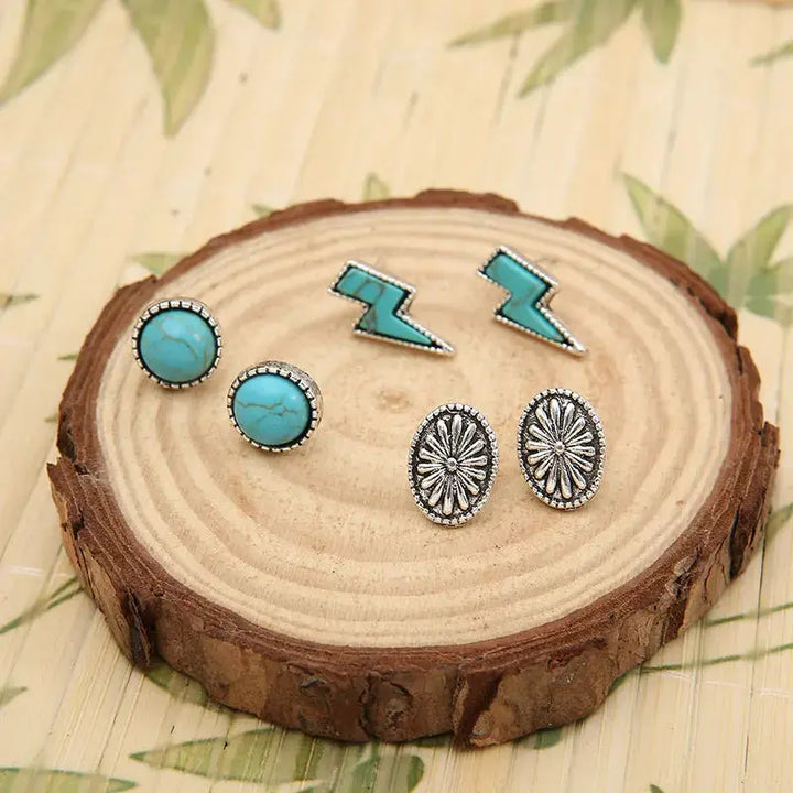 LOVCIA 3 Piece Artificial Turquoise Stud Earrings