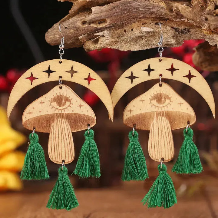 LOVCIA Moon & Mushroom Tassel Detail Dangle Earrings