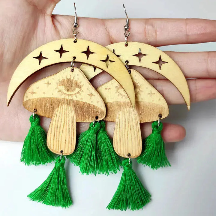 LOVCIA Moon & Mushroom Tassel Detail Dangle Earrings