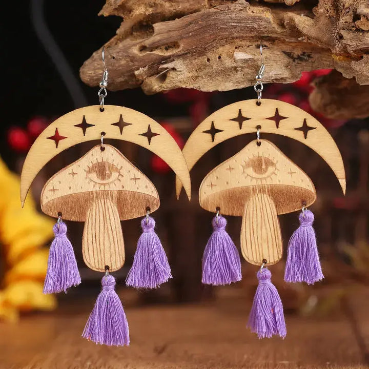 LOVCIA Moon & Mushroom Tassel Detail Dangle Earrings