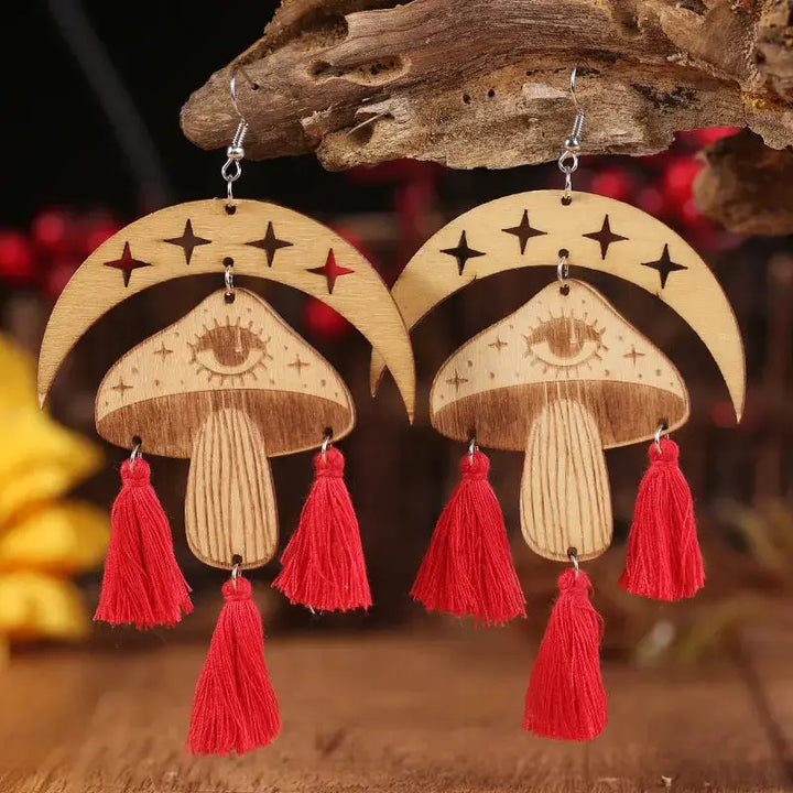 LOVCIA Moon & Mushroom Tassel Detail Dangle Earrings