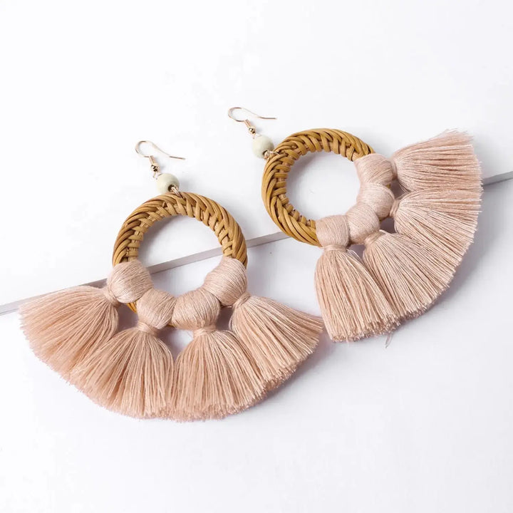 LOVCIA Tassel Cotton Cord Rattan Dangle Earrings