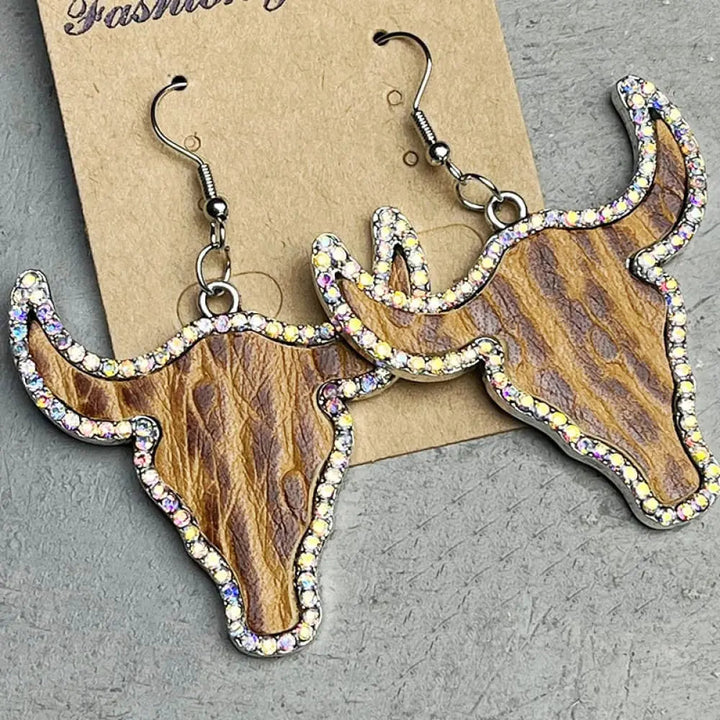 Rhinestone Trim Alloy Bull Earrings LOVCIA