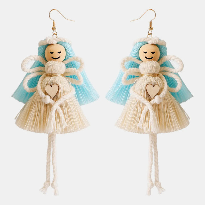 Wood Cotton Cord Brass Angel Dangle Earrings LOVCIA