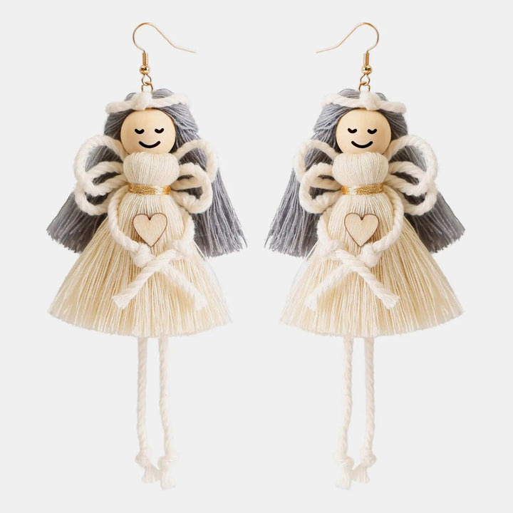 Wood Cotton Cord Brass Angel Dangle Earrings LOVCIA