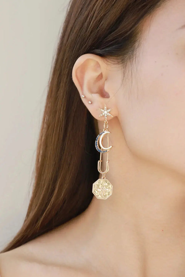 LOVCIA 5-Pair Wholesale Inlaid Rhinestone Moon and Star Drop Earrings