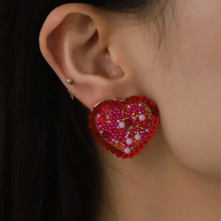 LOVCIA Sequin Heart Inlaid Bead Alloy Earrings