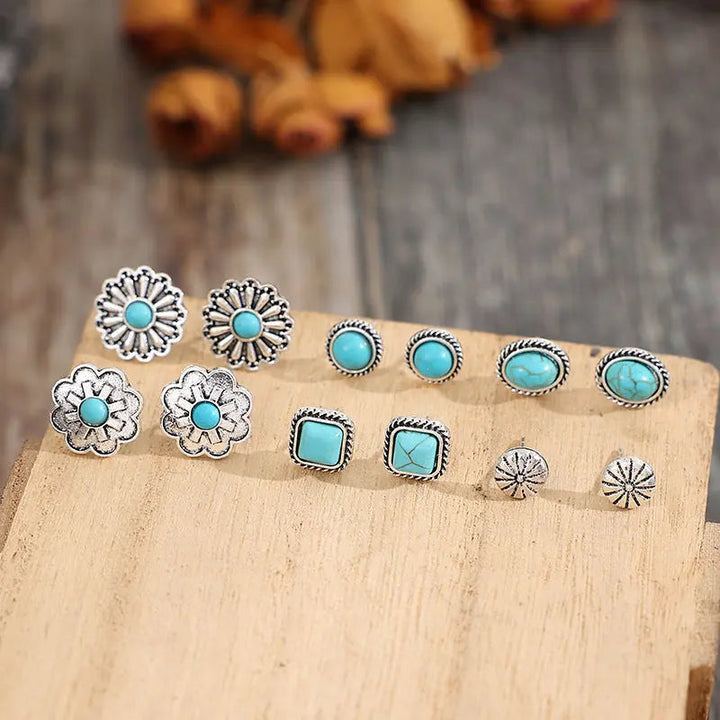 6 PCS/Set Artificial Turquoise Alloy Stud Earrings LOVCIA