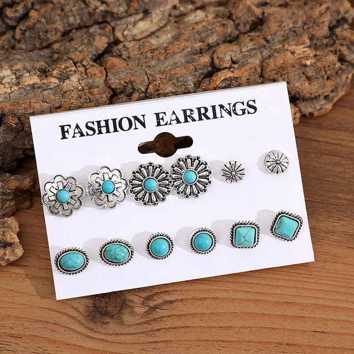 6 PCS/Set Artificial Turquoise Alloy Stud Earrings LOVCIA