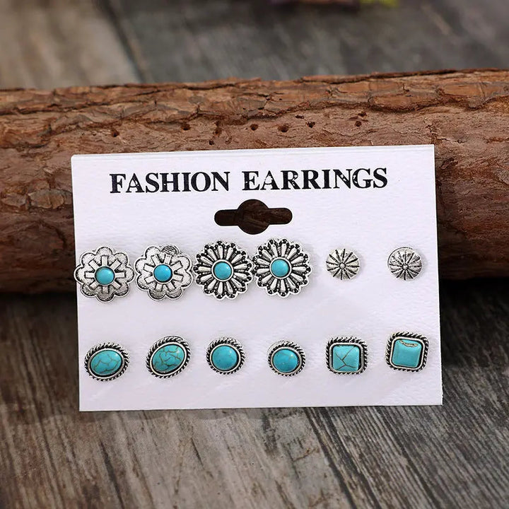 6 PCS/Set Artificial Turquoise Alloy Stud Earrings LOVCIA