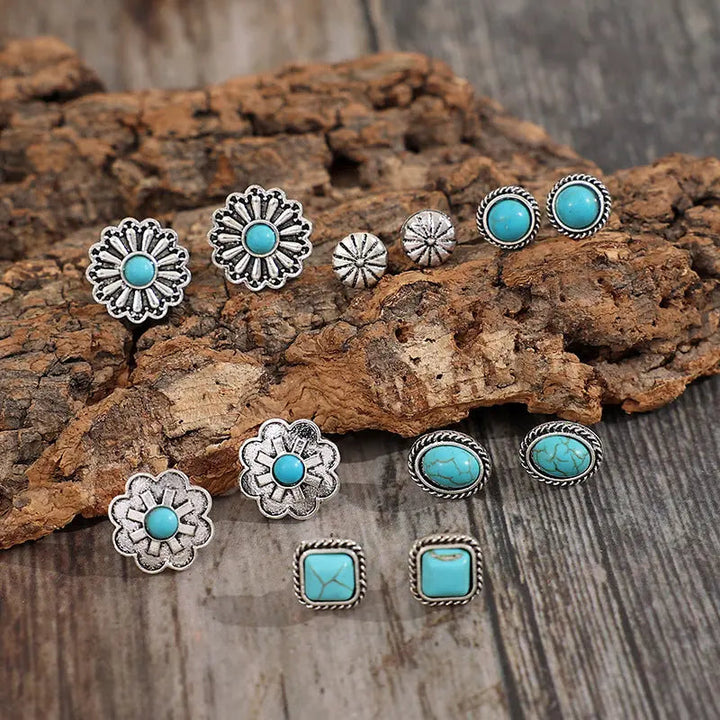 6 PCS/Set Artificial Turquoise Alloy Stud Earrings LOVCIA