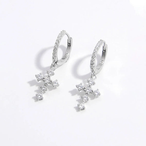 925 Sterling Silver Inlaid Zircon Cross Dangle Earrings LOVCIA