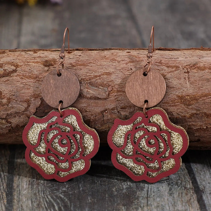 Wooden Alloy Rose Shape Dangle Earrings LOVCIA