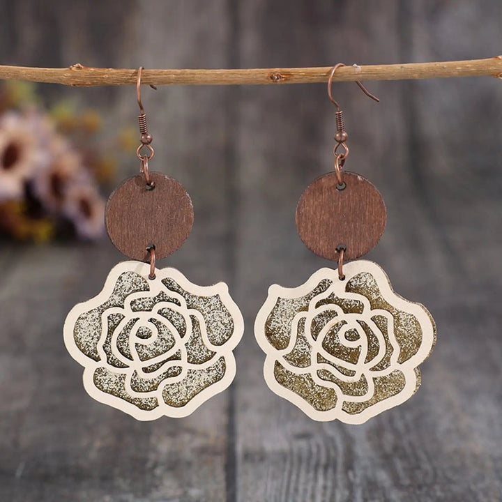 Wooden Alloy Rose Shape Dangle Earrings LOVCIA