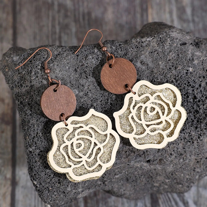 Wooden Alloy Rose Shape Dangle Earrings LOVCIA