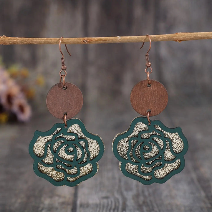 Wooden Alloy Rose Shape Dangle Earrings LOVCIA