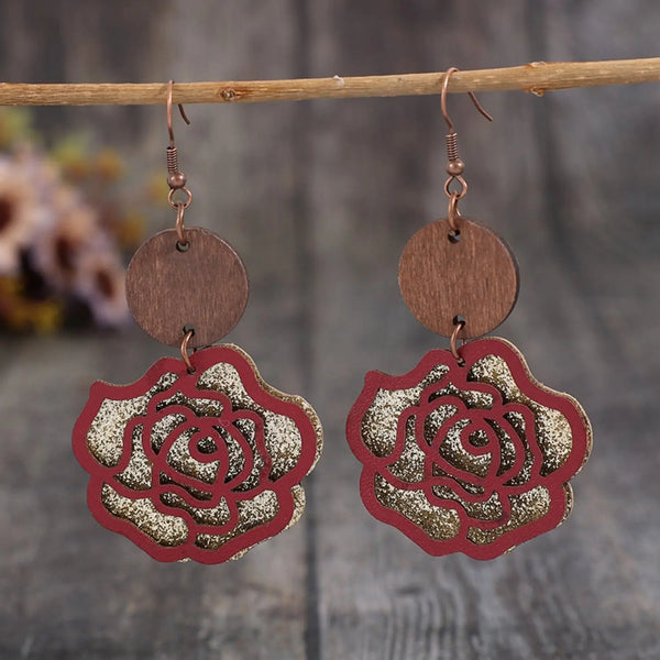 LOVCIA Wooden Alloy Rose Shape Dangle Earrings