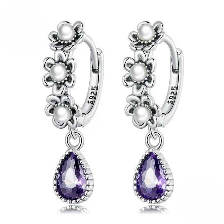 LOVCIA Sterling Silver Purple Zircon Shell Pearl Flower Earrings for Women LOVCIA