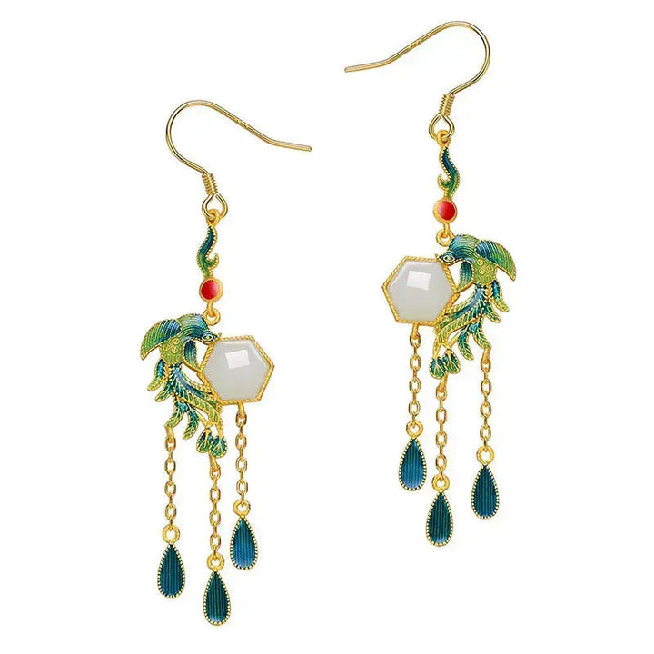 LOVCIA Women's Enamel Phoenix Hetian Jade Drop Earrings, Gold-Plated Sterling Silver Dangle Earring, Handcrafted Statement Earrings for Women LOVCIA