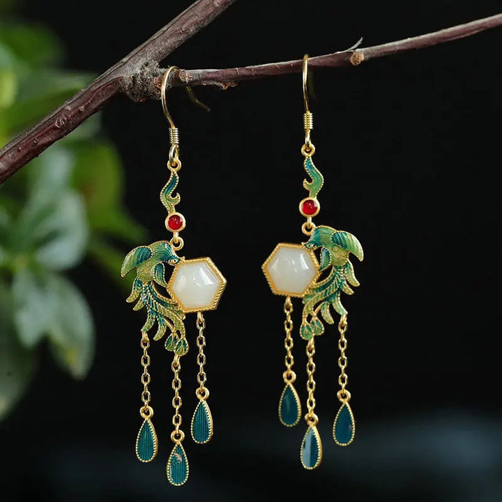 LOVCIA Women's Enamel Phoenix Hetian Jade Drop Earrings, Gold-Plated Sterling Silver Dangle Earring, Handcrafted Statement Earrings for Women LOVCIA