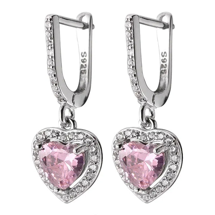 LOVCIA Sterling Silver Heart-Shaped Pink Crystal Drop Earrings for Women, Hypoallergenic Sparkling Dangling Earrings LOVCIA