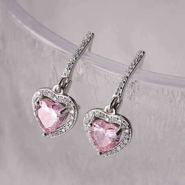 LOVCIA Sterling Silver Heart-Shaped Pink Crystal Drop Earrings for Women, Hypoallergenic Sparkling Dangling Earrings LOVCIA