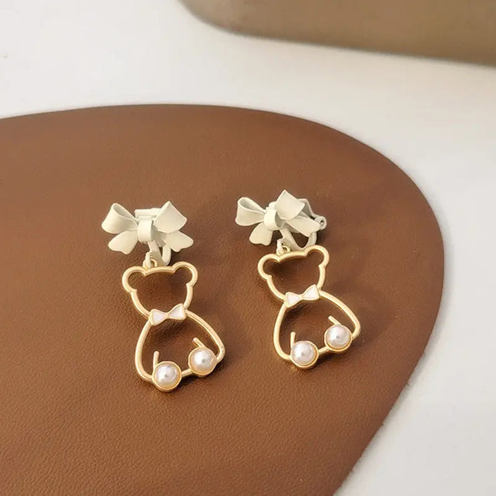 LOVCIA Cute Bear Bow Earrings for Women, Pearl Teddy Bear Drop Earrings, Fashion Jewelry for Girls, Statement Dangle Earrings LOVCIA