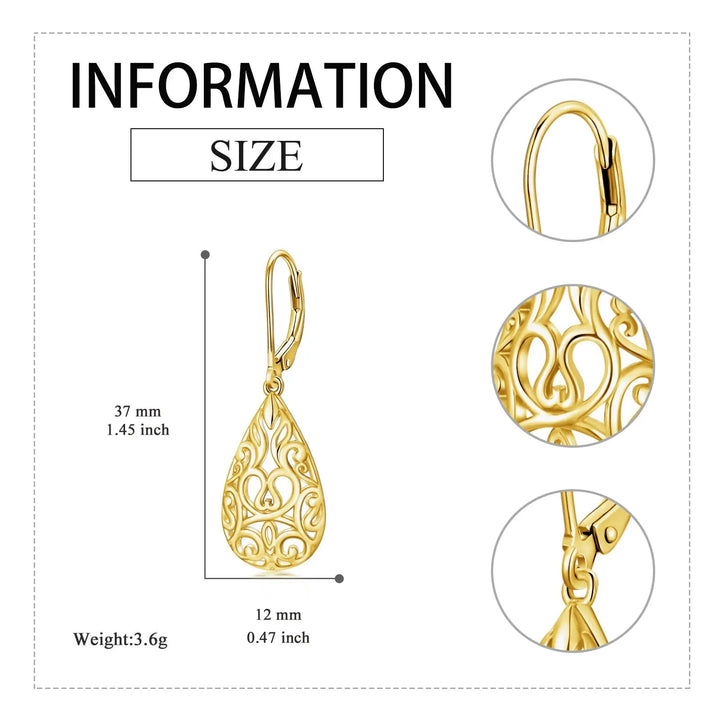 LOVCIA 925 Sterling Silver Gold Plated Teardrop Filigree Dangle Drop Leverback Earrings for Women - Elegant Vintage Style Jewelry LOVCIA