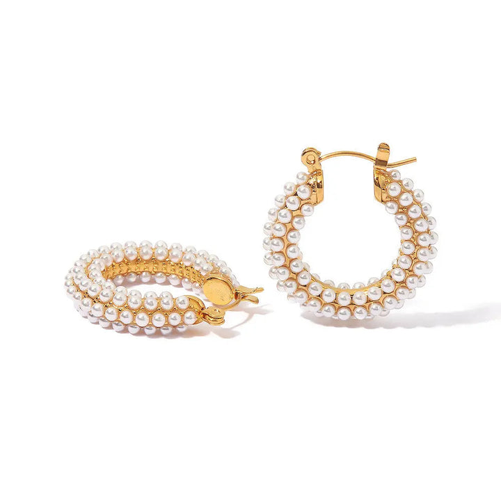 LOVCIA Gold Plated Stainless Steel Pearl Inlay Hoop Earrings for Women LOVCIA