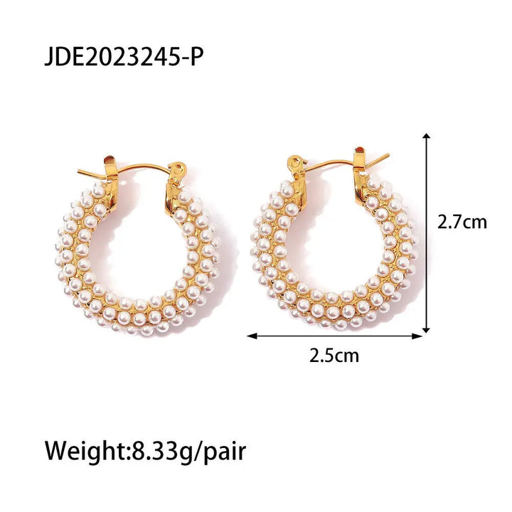 LOVCIA Gold Plated Stainless Steel Pearl Inlay Hoop Earrings for Women LOVCIA