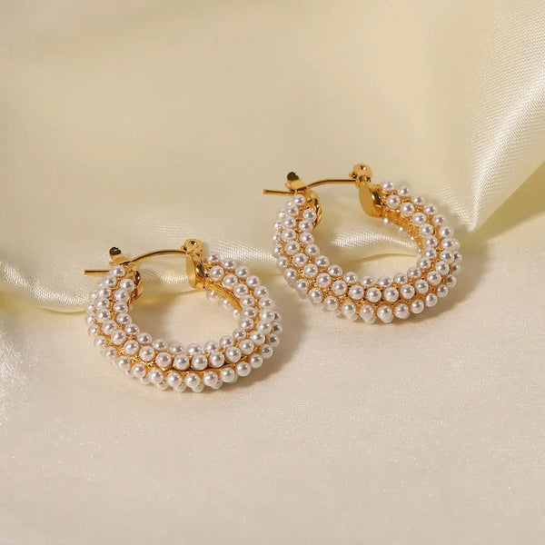 LOVCIA Gold Plated Stainless Steel Pearl Inlay Hoop Earrings for Women LOVCIA