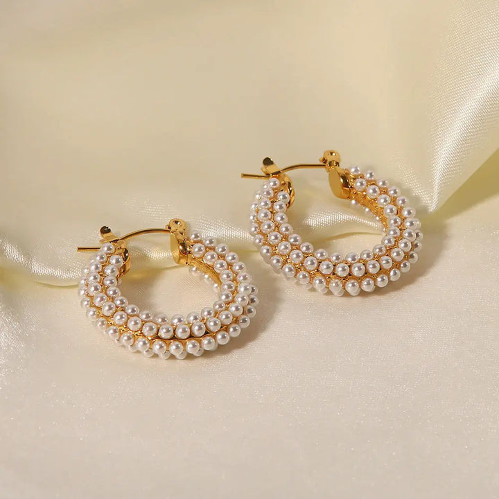 LOVCIA Gold Plated Stainless Steel Pearl Inlay Hoop Earrings for Women LOVCIA