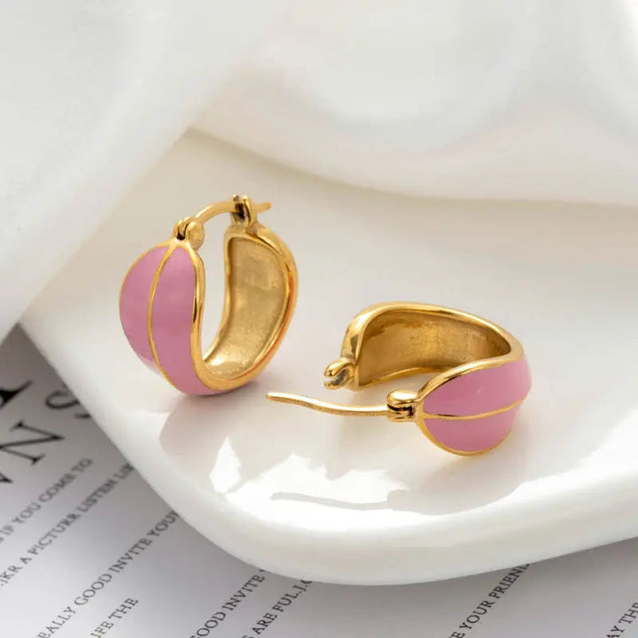 LOVCIA Gold Plated Pink Enamel Earrings for Women - Curved Barrel Hoops, Heart Chain Earrings, & Marbled Studs LOVCIA