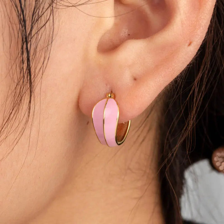 LOVCIA Gold Plated Pink Enamel Earrings for Women - Curved Barrel Hoops, Heart Chain Earrings, & Marbled Studs LOVCIA