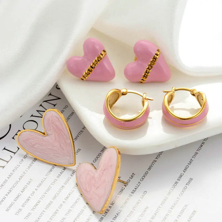 LOVCIA Gold Plated Pink Enamel Earrings for Women - Curved Barrel Hoops, Heart Chain Earrings, & Marbled Studs LOVCIA