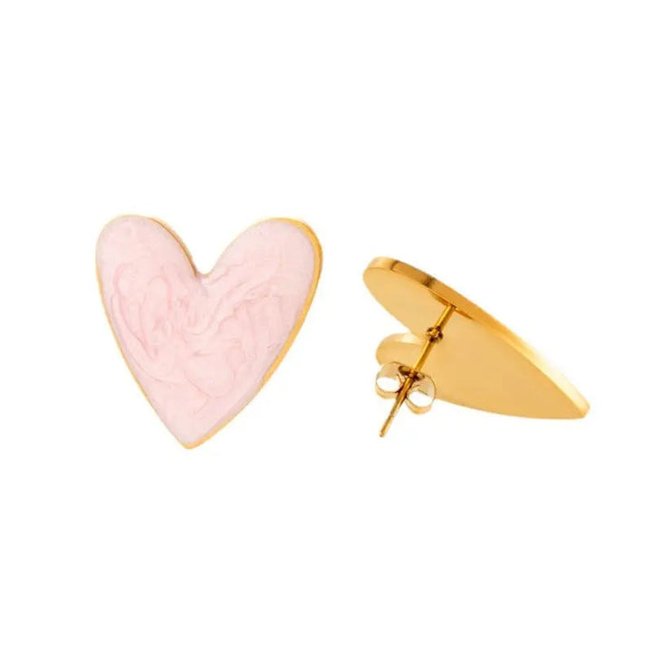 LOVCIA Gold Plated Pink Enamel Earrings for Women - Curved Barrel Hoops, Heart Chain Earrings, & Marbled Studs LOVCIA