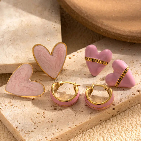 LOVCIA Gold Plated Pink Enamel Earrings for Women - Curved Barrel Hoops, Heart Chain Earrings, & Marbled Studs LOVCIA