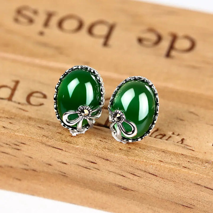 LOVCIA Elegant Thai Silver Anchor Earrings for Women with Inlaid Jade LOVCIA