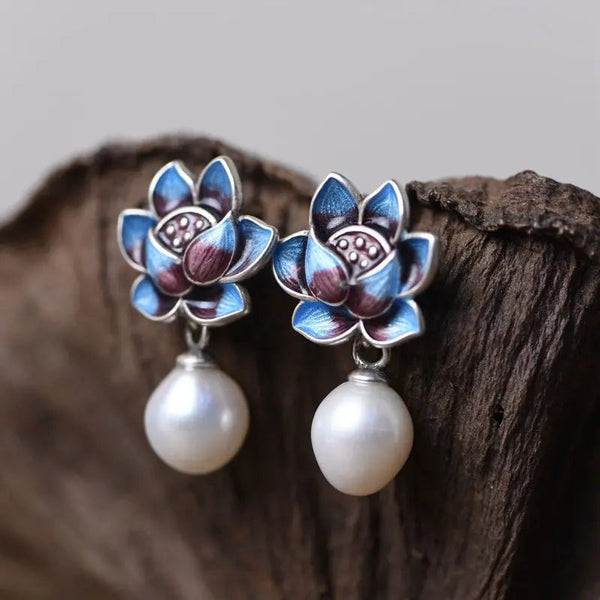 LOVCIA Elegant Sterling Silver Lotus Flower Stud Earrings with Pearls